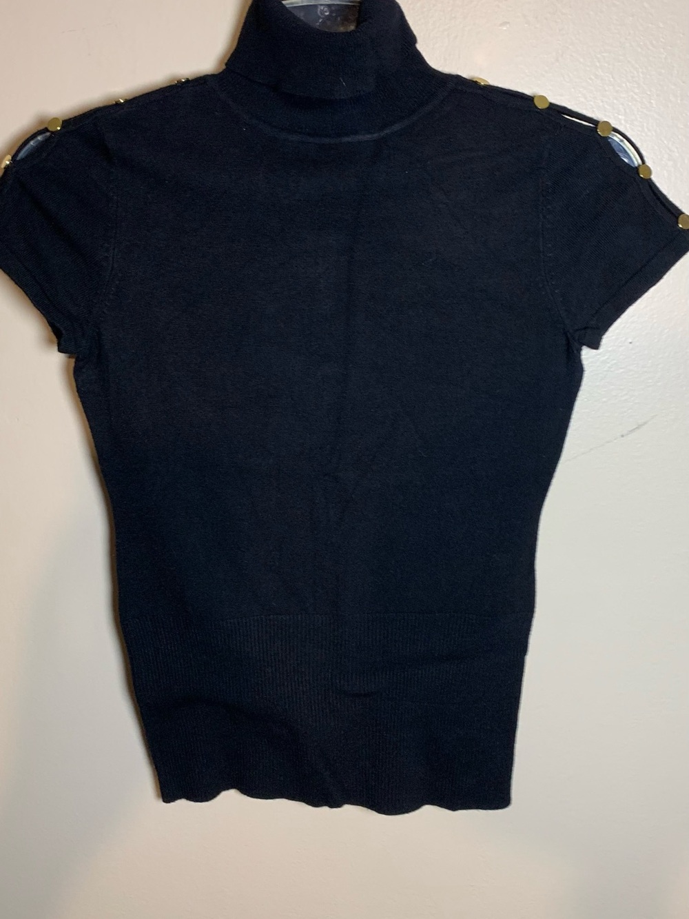 Black Short-Sleeve Turtleneck Sweater with Shoulder Button Detail Cache Size XS